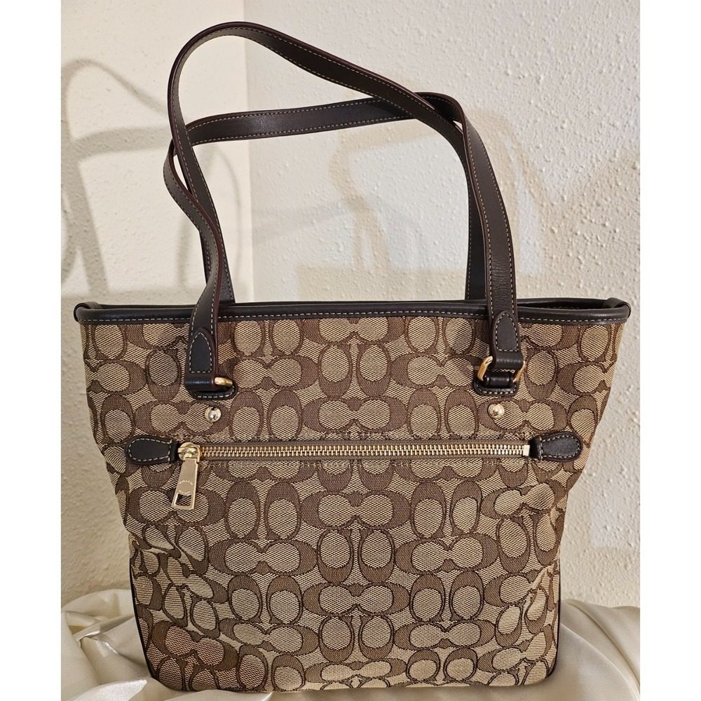 Coach Tote Signature "C" Jacquard/Leather/ Beige/Brown/Gold accents - Picture 2 of 16